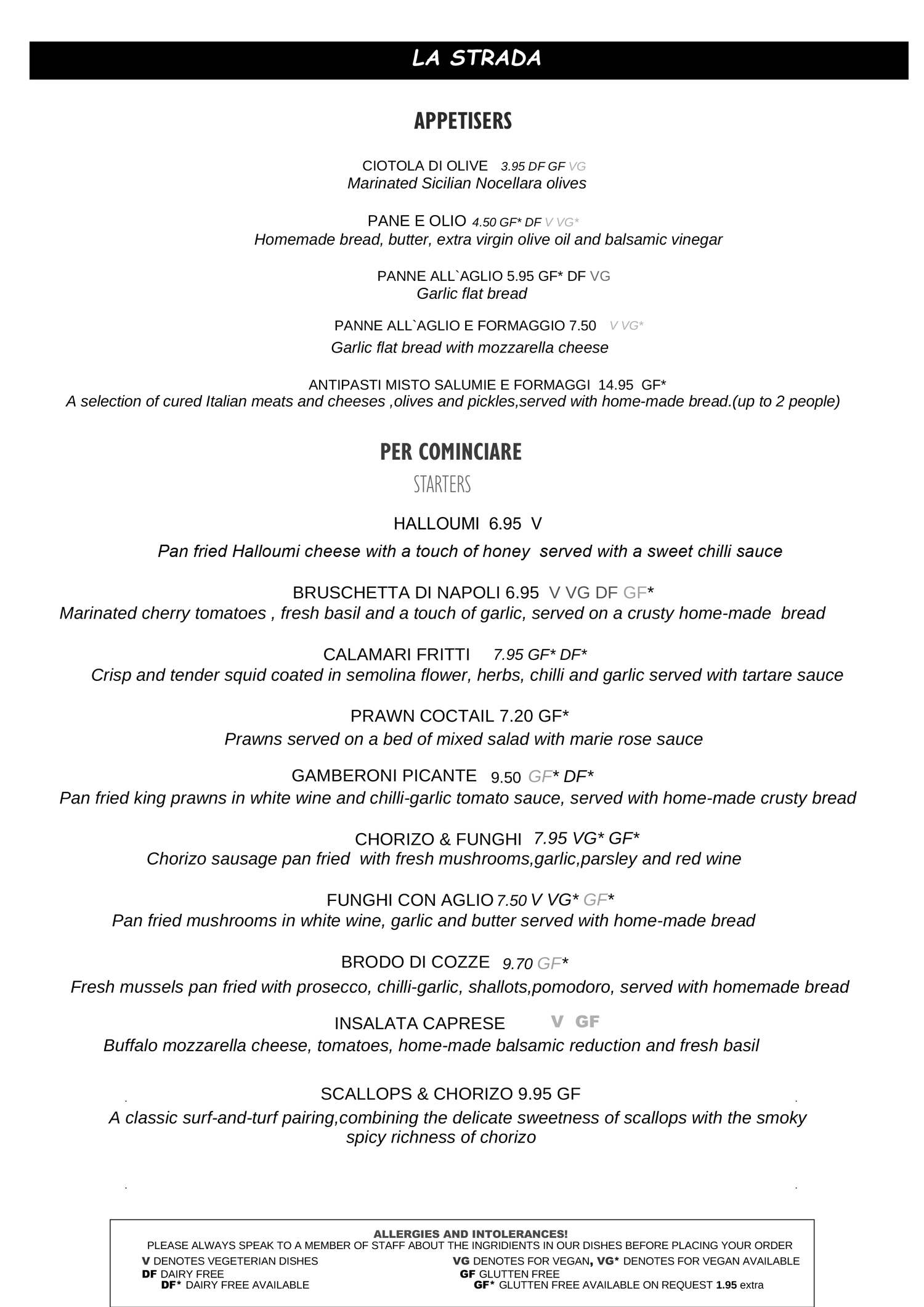 La Strada Menu - Appetisers 2025